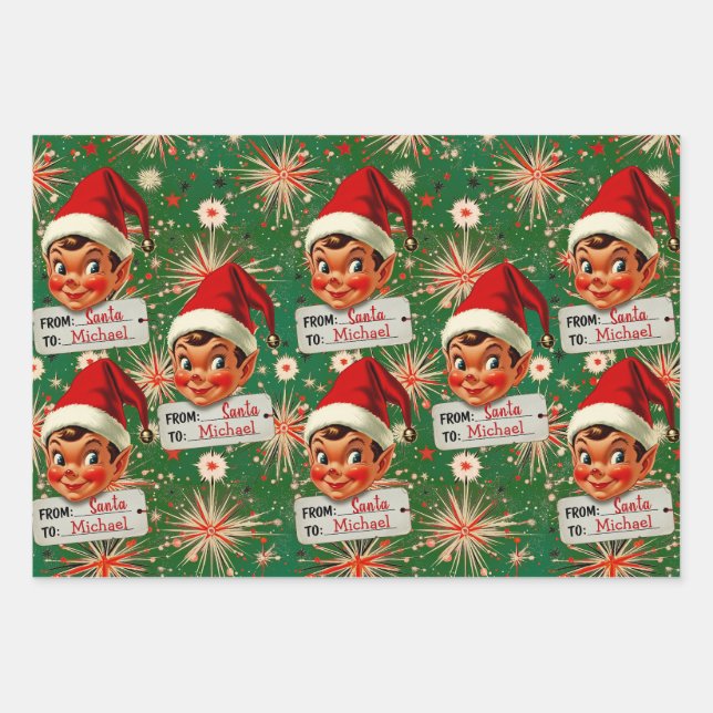 Retro Vintage Elves Personalized Wrapping Paper Sheets (Front)