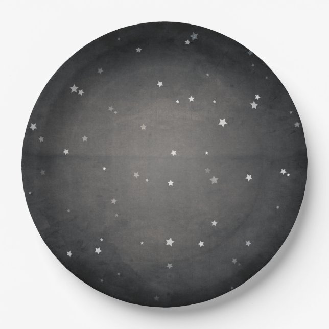 Retro Vintage Faded Black and White Stars Party Paper Plates (Front)