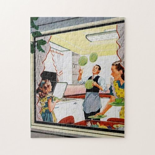 retro vintage Family in the kitchen Jigsaw Puzzle