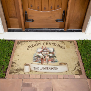 Retro Vintage Family New House Merry Christmas Doormat