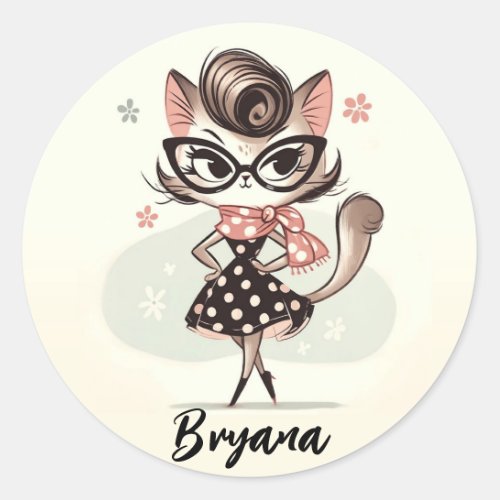 Retro Vintage Feminine Kitten With Cat Eye Glasses Classic Round Sticker