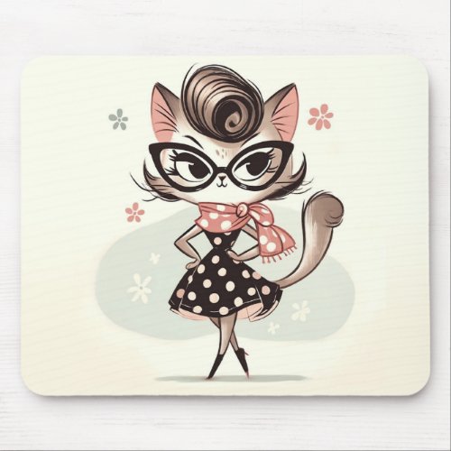 Retro Vintage Feminine Kitten With Cat Eye Glasses Mouse Pad