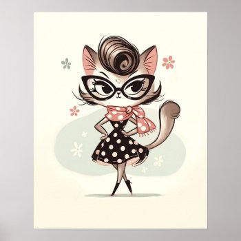 Retro Vintage Feminine Kitten With Cat Eye Glasses Poster by printabledigidesigns at Zazzle