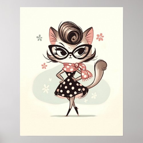Retro Vintage Feminine Kitten With Cat Eye Glasses Poster