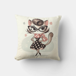 Retro Vintage Feminine Kitten With Cat Eye Glasses Throw Pillow