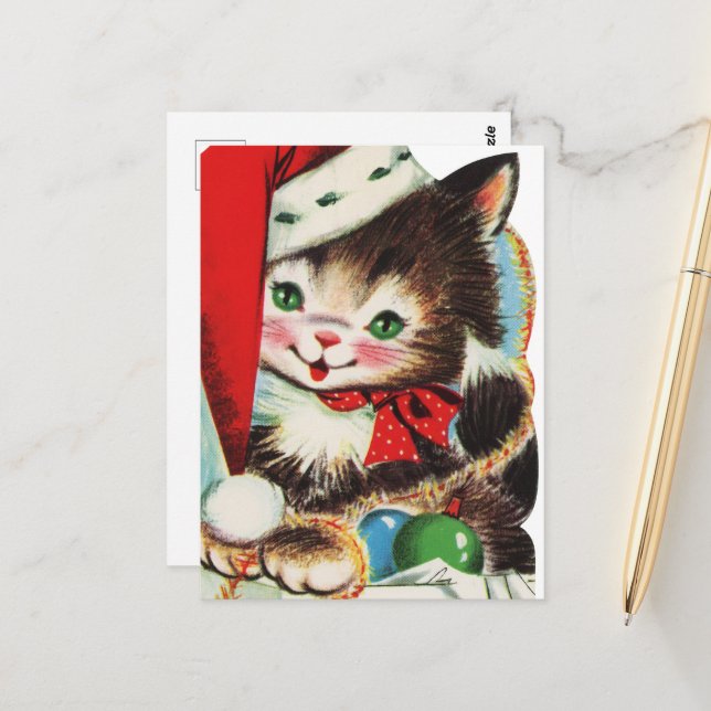 retro vintage festive Christmas cat Postcard (Front/Back In Situ)
