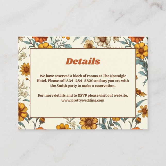 Retro Vintage Floral 70s Timeless Elegant Wedding Enclosure Card (Front)