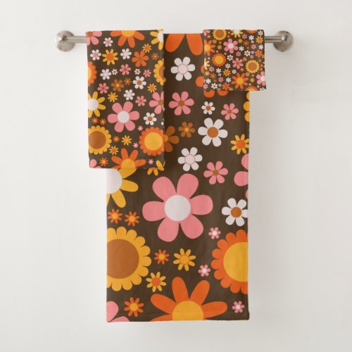 Retro Vintage Floral Botanical 60S 70S Abstract    Bath Towel Set