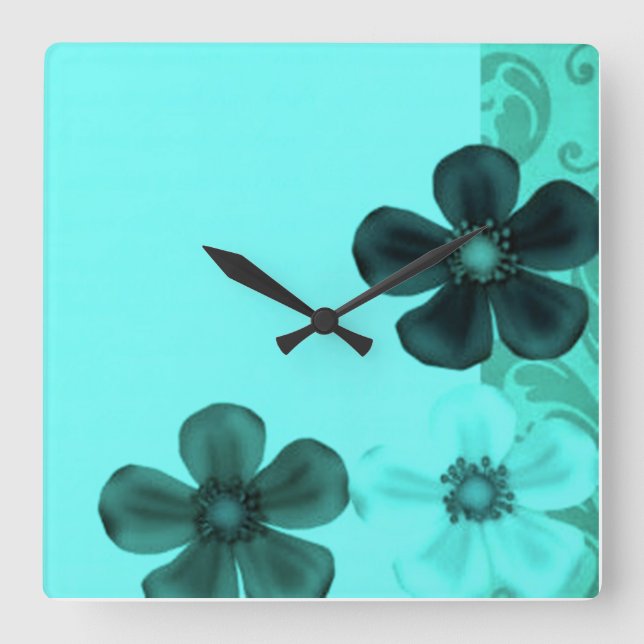 Retro Vintage Floral Flowers Teal Wall Clock (Front)