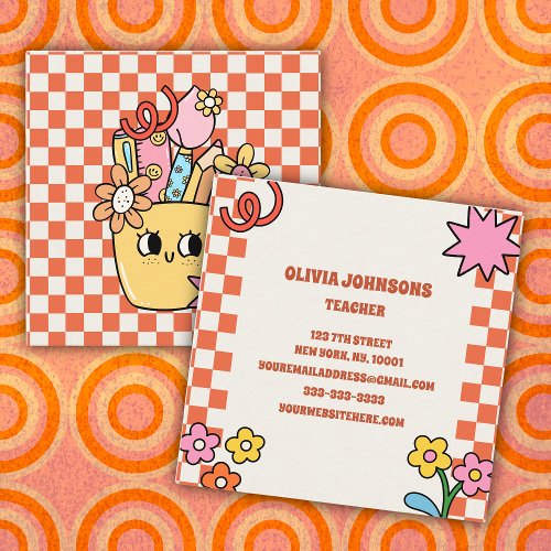 Retro Vintage Floral Pencil School Teacher Square Business Card