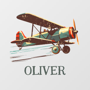 Retro Vintage Flying Biplane Personalized Wall Decal