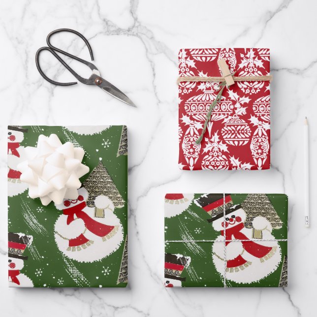 Retro Vintage Frosty Snowmen Wrapping Paper Sheets (Front)