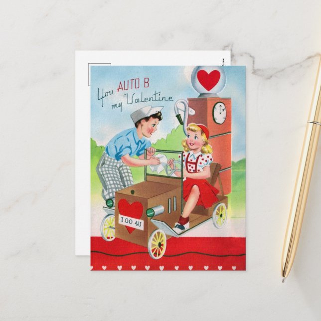 retro vintage gas station Valentine Holiday Postcard (Front/Back In Situ)