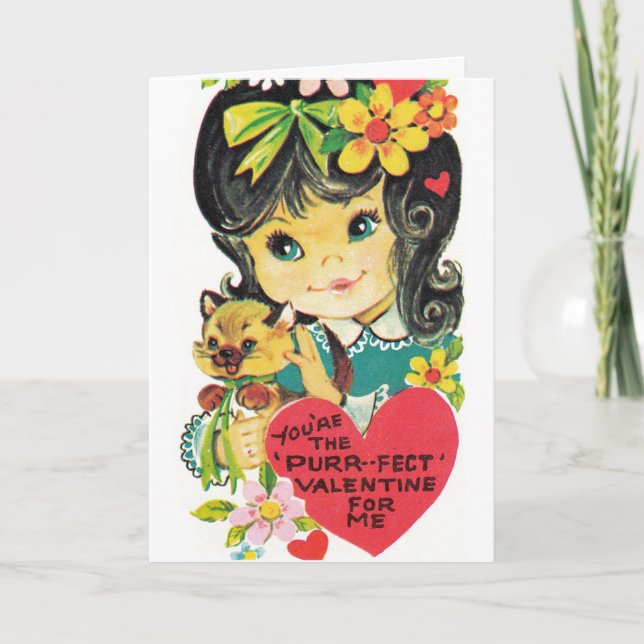 Retro Vintage Girl and cat Valentne message card (Front)