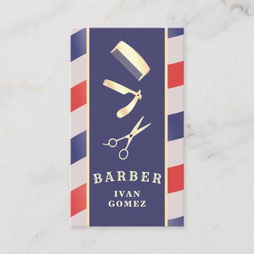 Retro Vintage Gold Barber Tools Red Blue Discount Business Card