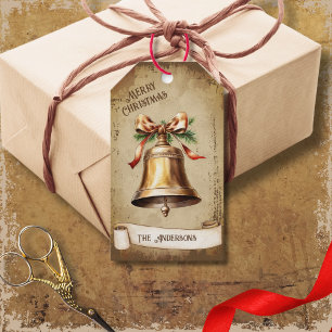 Retro Vintage Gold Brass Bell Merry Christmas Gift Tags