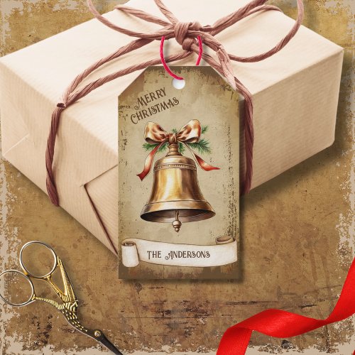Retro Vintage Gold Brass Bell Merry Christmas Gift Tags