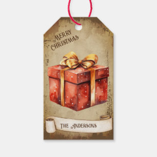 Retro Vintage Golden Bow Red Christmas Gift Box Gift Tags