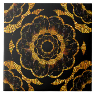 Retro Vintage Golden Mandala Flower Black and Gold Tile