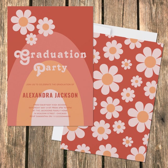 Retro Vintage Graduate Party Peach Daisy Invitation (Retro Daisy Arch Peach 70s vintage graduation Party invitation with groovy hippy typography)