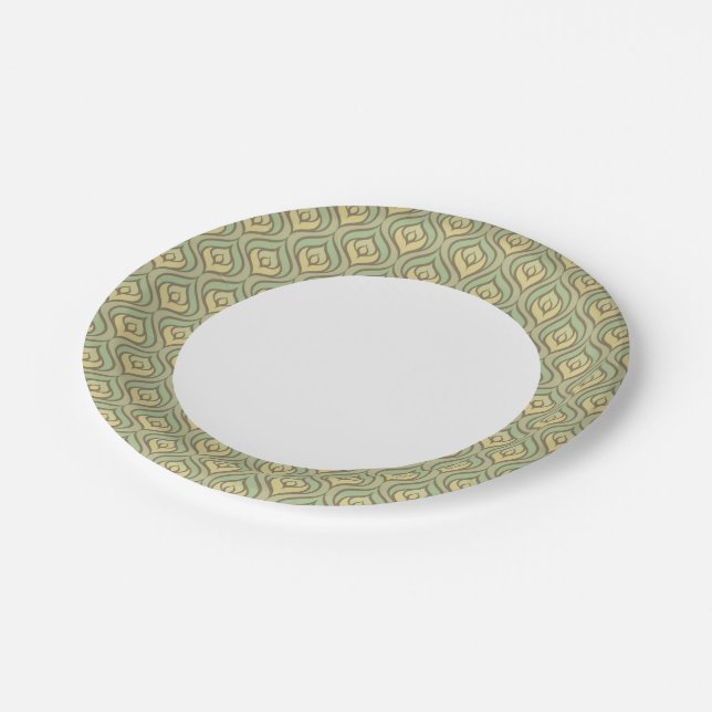 Retro vintage green and yellow pattern paper plates (Angled)