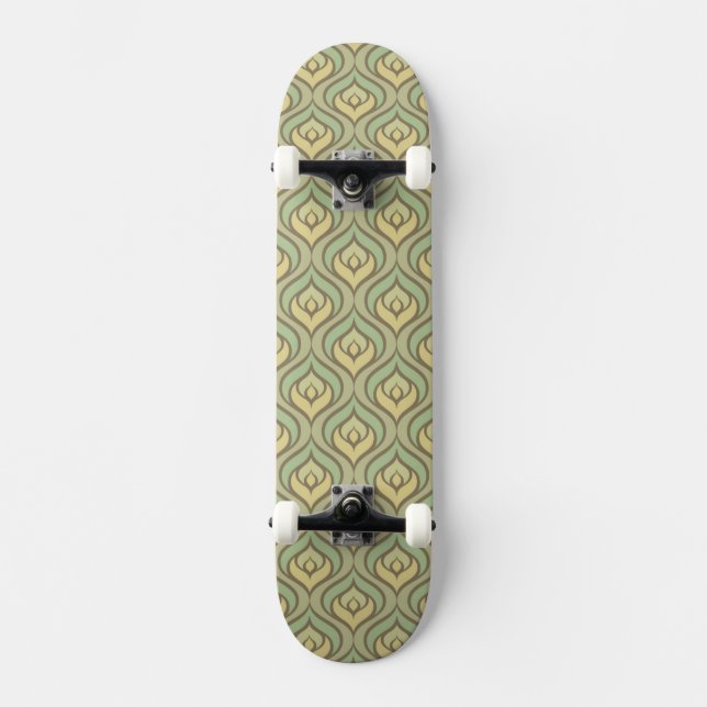 Retro vintage green and yellow pattern skateboard deck (Front)