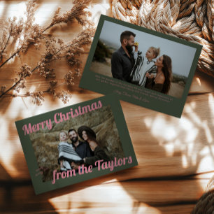 Retro Vintage Green & Pink Photo Christmas Holiday Card