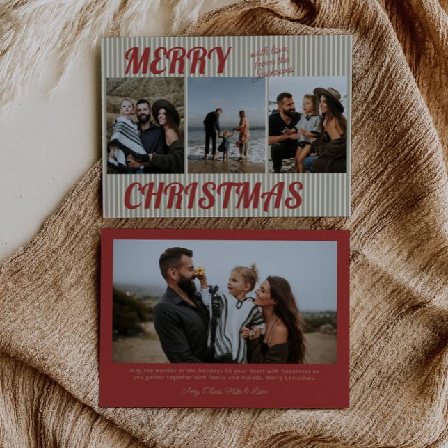 Retro Vintage Green Stripes Photo Christmas Holiday Card (Creator Uploaded)