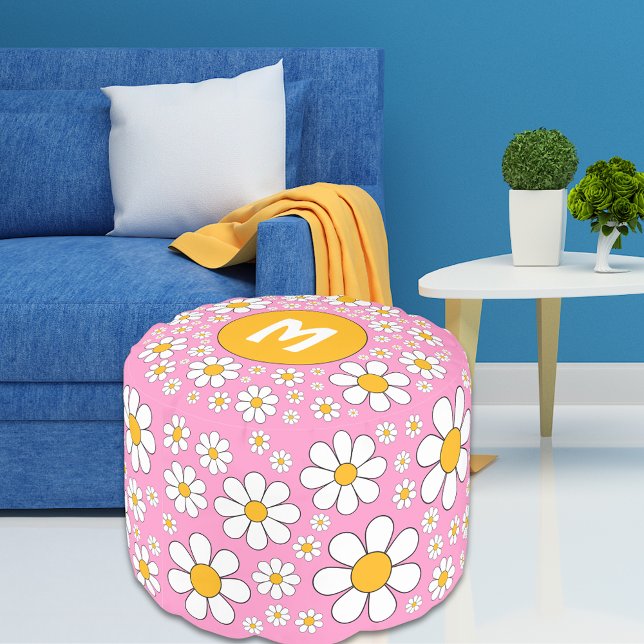 Retro Vintage Groovy 70s Daisy Personalized Pouf (Retro 70s vintage pink and yellow daisy pattern with personalized monogram intial pouf )