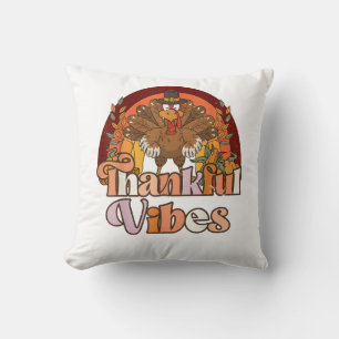 Retro Vintage Groovy Thankful Vibes Turkey Fall Th Throw Pillow