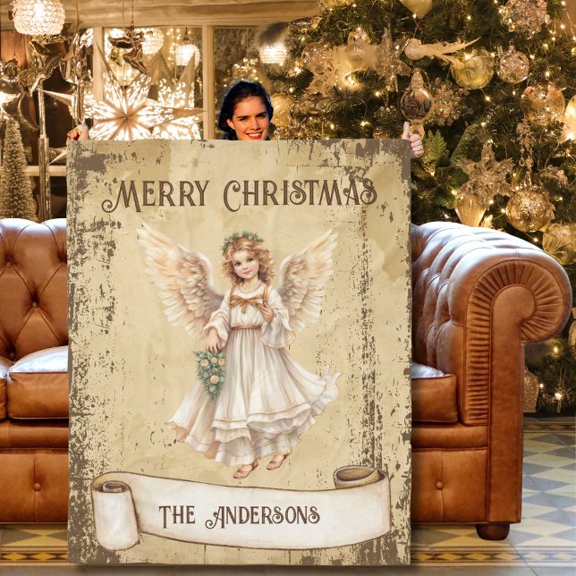 Retro Vintage Guardian Angel  Merry Christmas Fleece Blanket (Creator Uploaded)