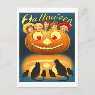 Retro Vintage Halloween Children and Cats Postcard