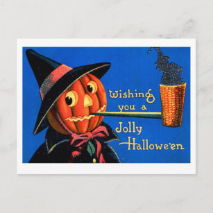 Retro Vintage Halloween Pumpkin Smoking Pipe Postcard
