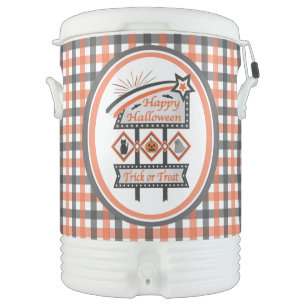 Retro Vintage Halloween Sign –Trick or Treat Plaid Beverage Cooler