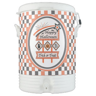 Retro Vintage Halloween Sign –Trick or Treat Plaid Beverage Cooler