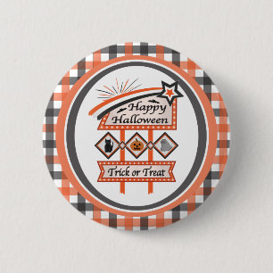 Retro Vintage Halloween Sign –Trick or Treat Plaid Button