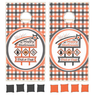 Retro Vintage Halloween Sign –Trick or Treat Plaid Cornhole Set