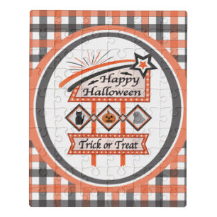 Retro Vintage Halloween Sign –Trick or Treat Plaid Jigsaw Puzzle