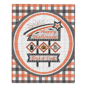 Retro Vintage Halloween Sign –Trick or Treat Plaid Jigsaw Puzzle