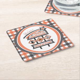 Retro Vintage Halloween Sign –Trick or Treat Plaid Square Paper Coaster