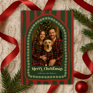 Retro Vintage Hand Drawn Red Green Arch Photo Holiday Card