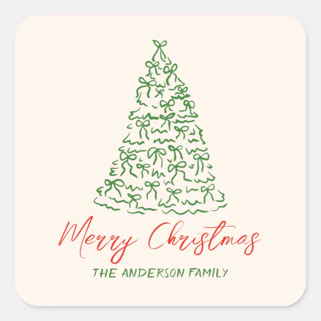 Retro Vintage Hand Drawn Ribbons Tree Christmas Square Sticker | Zazzle