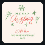 Retro Vintage Hand Drawn Stars Merry Christmas Square Sticker<br><div class="desc">If you are looking for a unique and beautiful and easy editable Christmas sticker. This one is perfect for you. And as you see the design features a red Whimsical hand written calligraphy of CHRISTMAS. And green hand stars .</div>