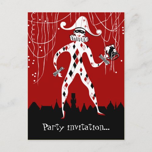 Retro vintage harlequin clown confetti party invitation postcard