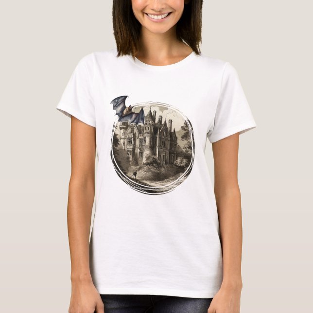 Retro Vintage Haunted Mansion of Dracula and a Bat T-Shirt (Front)