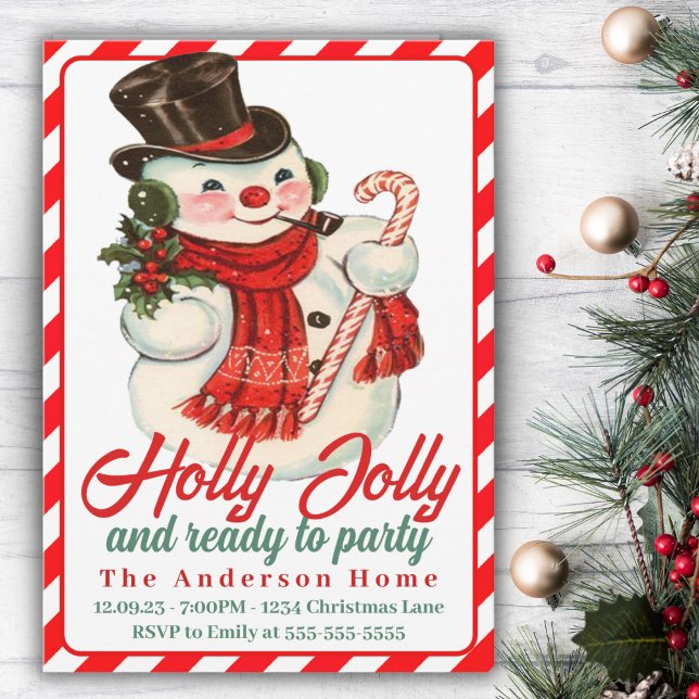 Retro Vintage Holly Jolly Snowman Custom Christmas Invitation (Retro Vintage Holly Jolly Snowman Custom Christmas Invitation)