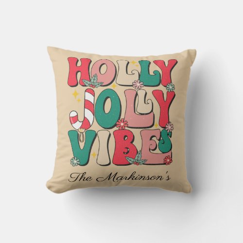 Retro Vintage Holly Jolly Vibes Christmas Two Tone Throw Pillow
