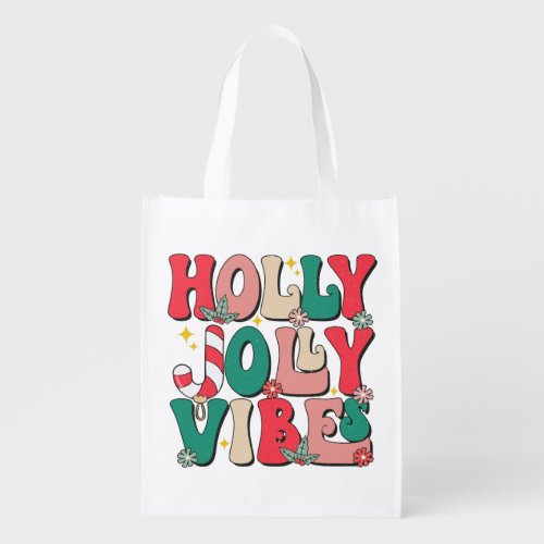 Retro Vintage Holly Jolly Vibes Festive Grocery Bag