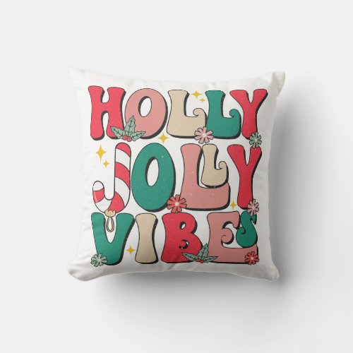 Retro Vintage Holly Jolly Vibes Festive Throw Pillow