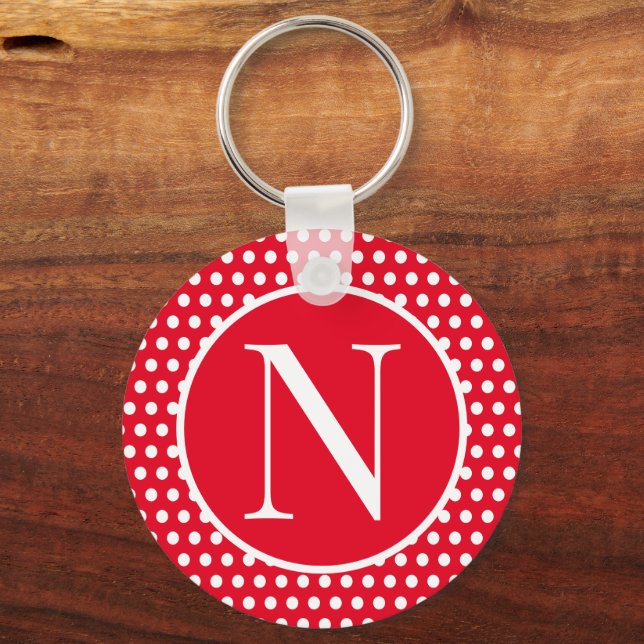 Retro Vintage initial letter Red Polka Dots Keychain (Front)